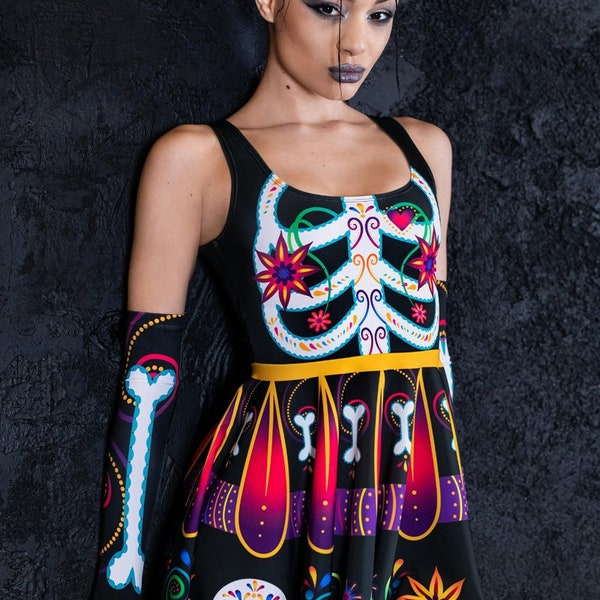 Robe patineuse du jour des morts, robe mexicaine avec des os et des fleurs, robe squelette pour Halloween, robe dos ouvert, mini robe cercle