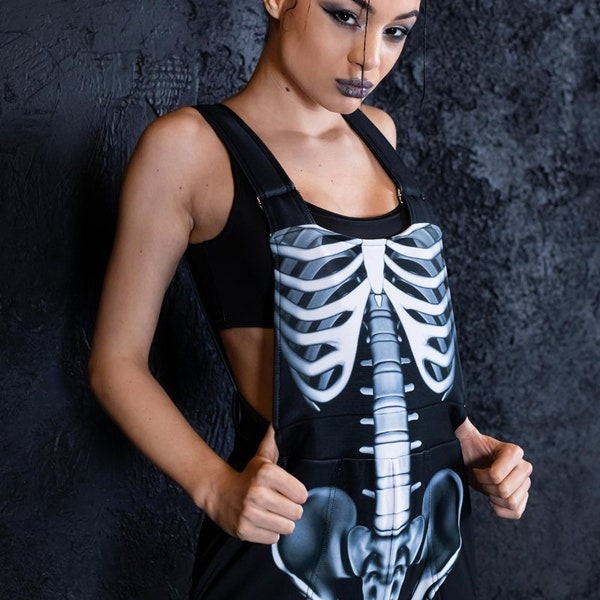 Skeleton Shortalls, black shorts dungaree with white bones, Halloween overalls, goth clothing, skeleton Halloween costume