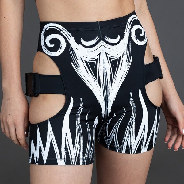 Cut Out Biker Shorts, black and white rave shorts, rave outfits for women, high waisted buckle shorts, rave co-ord set, tribal clothing
