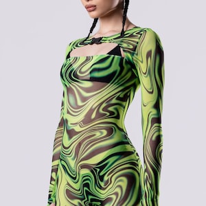 Long Sleeve Party Romper, Green Rave Outfit, Sheer Playsuit for Women, Transparent Playsuit, Festival Wear, Party Outfit, Sheer Clothing