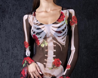 Skeleton & Roses Halloween Dress - Day of the Dead Sheer Maxi Dress – Dia de los Muertos Costume