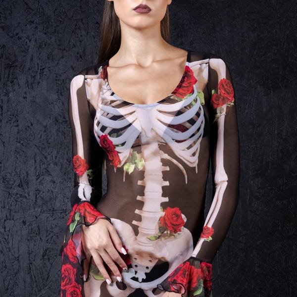 Women's Vintage Halloween Skeleton Bones With Rose Art Cozy Knit Hooded Sweater Dress