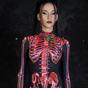 Red Skeleton Halloween Costume, Unique Skeleton Costume, Full Body Skeleton Print Costume, Adult Halloween Costume, Glow in the Dark Catsuit