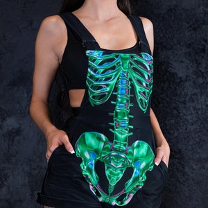 Green Skeleton Shortalls, black shortalls with green bones, Halloween shortalls, plus size women overalls, skeleton Halloween costume