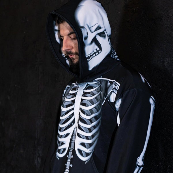 Skeleton Hoodie, Halloween hoodie with bones, goth hoodie with skull,  streetwear oversized hoodie for men, Halloween couple costume