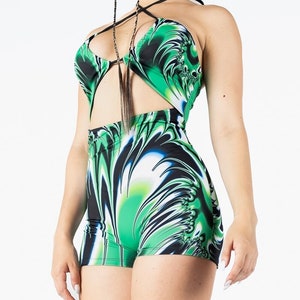 Green Rave Romper Shorts for Women, Spandex Playsuit, Plus Size Rave Outfit, Rave Clothing for Women, Trippy Rave Bodysuit, One Piece Outfit