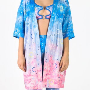 Kawaii Kimono, light blue & pink kimono, plus size kimono, festival kimono, pastel goth clothing, kawaii outfit, printed festival outfit