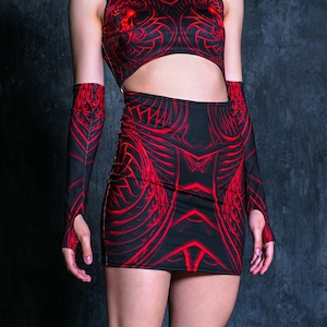 Red Dragon Mini Dress, Black Bodycon Dress with Front Cutout, Party Dress with High Neckline, Sheath Dress, Black Short Dress, Rave Outfits