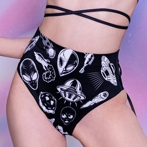 Black Booty Shorts, alien high waisted shorts, sexy rave shorts, pole dance wear, festival clothing, spandex shorts, alien rave outfit, ufo