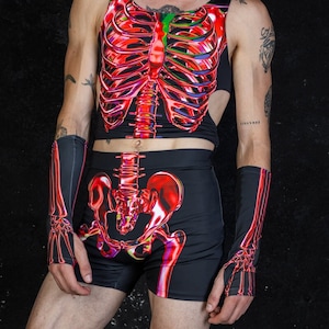 Red Skeleton High Waisted Shorts for Men, Spandex Rave Shorts for Men, 2 Piece Halloween Costume, Rave Bottoms for Men, Gay Halloween Outfit