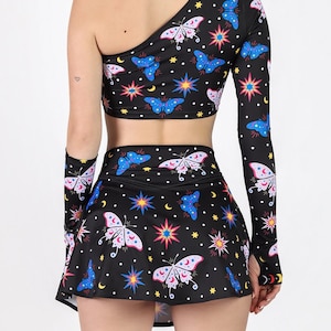 Schmetterling Shorts Rock, schwarzer High-rise Skort, Motten Rock Set, gedruckte Motten, Rave Böden, Goth Rave Outfit, himmlische Festivalkleidung
