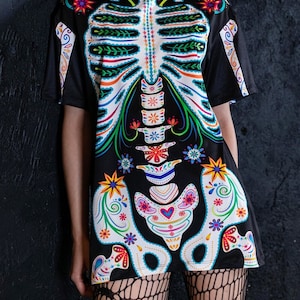 T-shirt squelette en sucre pour femme, t-shirt le jour des morts, t-shirt graphique squelette, robe chemise d'Halloween, t-shirt mexicain, tenue d'Halloween