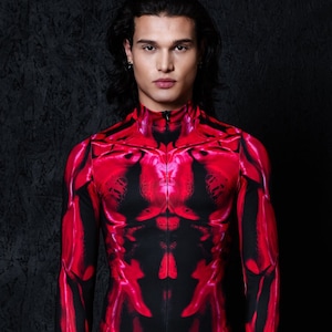 Sexy Teufelskostüm, Herren Teufelskostüm, Herren Halloweenkostüm in Rot, Dämonenkostüm, Cyber Bodysuit Kostüm, Rave Kostüm, Sci-Fi Kostüm