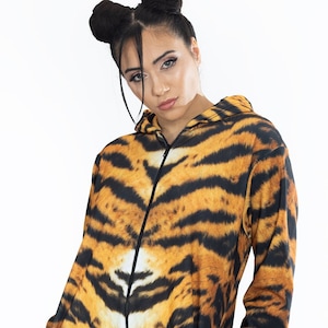 Tiger Pajama for Adults, unisex pajama, tiger costume, unisex pajama with hood, Halloween pajama, animal print clothing, rave zip up pajama
