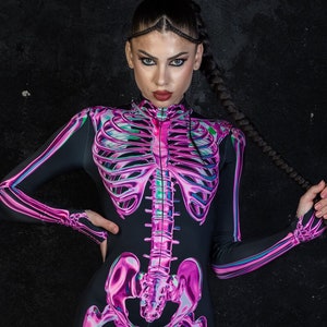 Pink Skeleton Halloween Costume, Printed Skeleton Costume, One Piece Skeleton Costume, Adult Halloween Costume, Glow in the Dark Costume