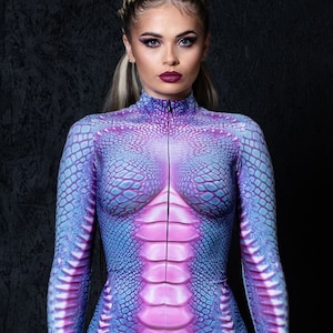 Lila Reptil Kostüm, Reptil Halloween-Kostüm, Alien Halloween-Kostüm für Frauen, One Piece Kostüm, Erwachsene Spandex Halloween-Kostüm