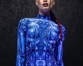 Disfraz de cíborg azul, disfraz de androide para mujer, disfraz futurista de Halloween, disfraz de extraterrestre para mujer, disfraz de ciencia ficción, disfraz de Halloween para adultos