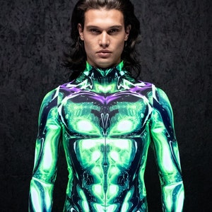 Green Cyber Costume, Men Alien Costume, Green Muscle Costume, Alien Halloween Costume, Sci-fi Cosplay Costume, Rave Costume, Rave Outfit