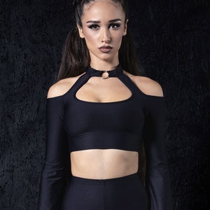 All Black Crop Top, Cold Shoulder Crop Top, black rave outfit, black choker crop top, black open back crop top, bat sleeves crop top