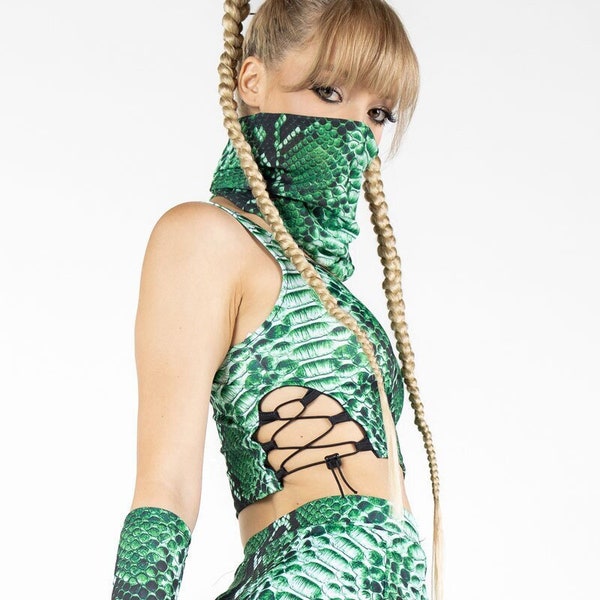 Green Snakeskin Lace Up Crop Top, snake print cut-out crop top, rave matching mini skirt sets, animal rave outfits, animal print clothing