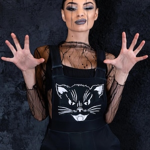 Black Kitty Shortalls, cat dungarees women, short overalls, dungaree shorts, soft overalls for women, oversized overalls, cat lover gift