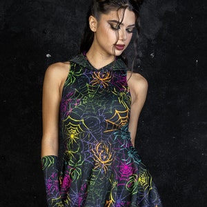 Colorful Spider Web Skater Dress with Hoodie, Spandex Halloween Dress, Goth Dress, Gothic Clothing, Adult Halloween Outfit for Women