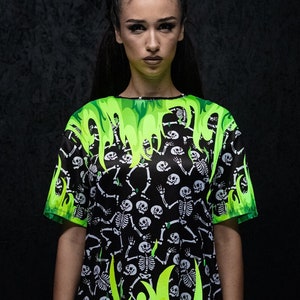 Green Fire Tshirt with Skeletons, Green Flame T-shirt , Fire Tee, Fire Rave Outfit, Halloween Tshirt, Halloween Tee, Halloween Costume