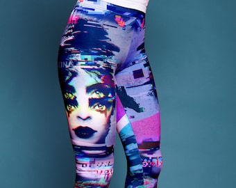 Glitch Purple Leggings, festival leggings, rave leggings, workout printed leggings, Japanese anime leggings, aesthetic clothing, cyber goth