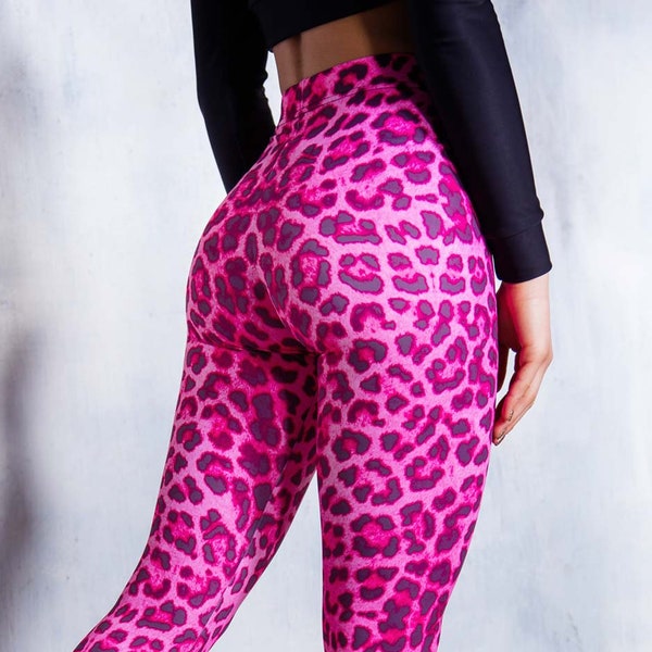 Rosa Leopard Leggings für Frauen, Yoga Leggings, hoch taillierte Leggings, süße bedruckte Leggings, Kawaii Kleidung, Harajuku Kleidung, Rave Wear