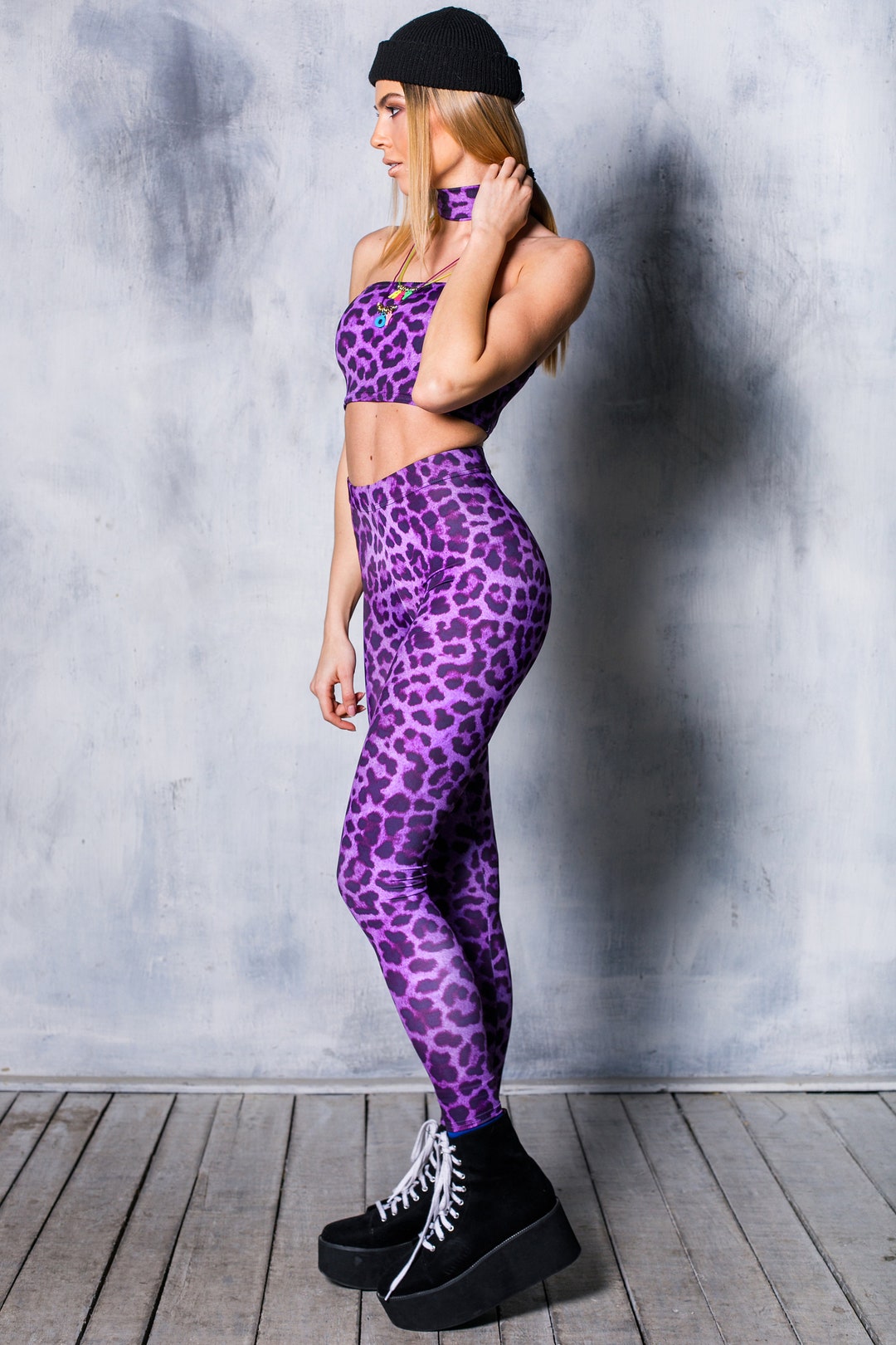 Purple Leopard Leggings, Animal Print Leggings, Yoga Leggings for Women,  Pastel Goth Clothing, Matching Set, Rave Outfit, Pole Dance Wear 