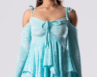 Lichtblauwe jurk, sprookjesjurk, fluwelen jurk, zakdoekjurk, zomerjurk, koude schouderjurk, feestoutfit, clubkleding, dameskleding