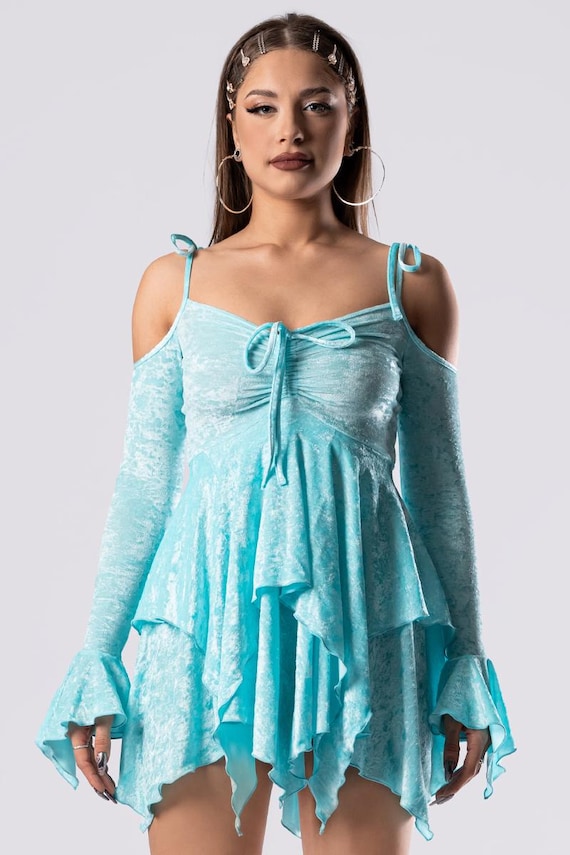 light blue velvet dresses Elven Blue Velvet Bell Sleeve Dress S