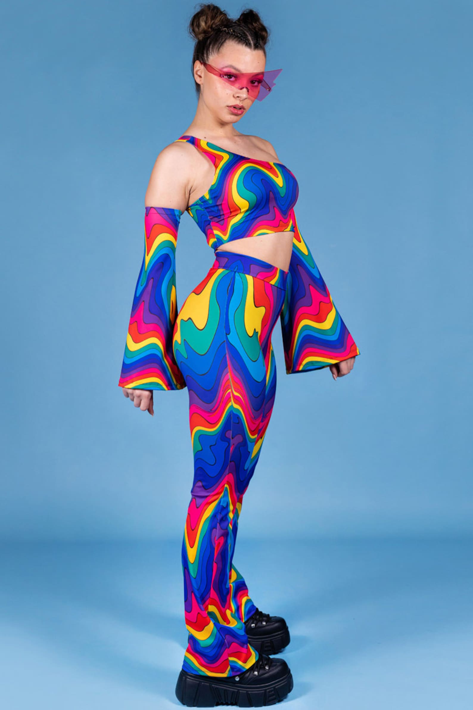 Flare Pants Pattern Rave Rainbow Flare Pants, High Waisted Disco Pants, Colorful Flare Leggings ...