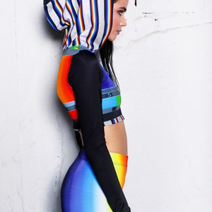 Hoodie Crop Top, Festival TV Hoodie, psychedelic clothing, long sleeve top, rave clothes, rave clothing, rave two piece set, festival outfit image 4