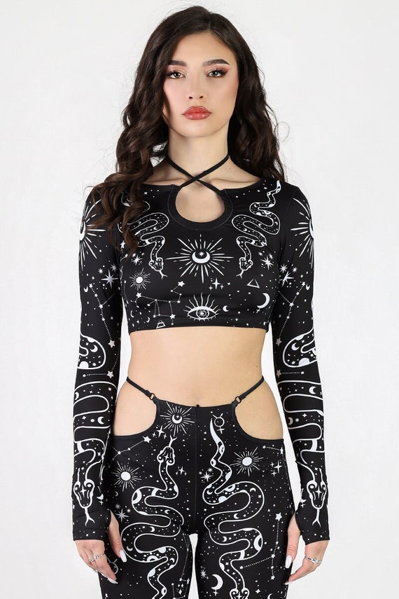 Black Gothic Long Sleeve Crop Top With Thumb Holes, Printed Snakes