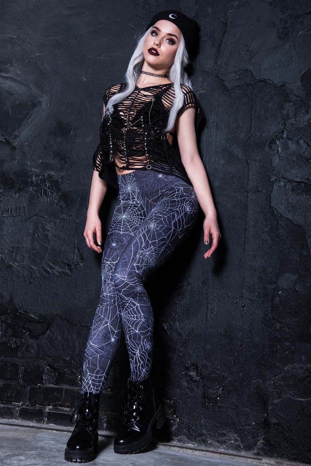 Body Suit Stretch Spiderweb on Black Lace Goth Wiccan Halloween Leggings  Bras Apparel Halloween Fabric 