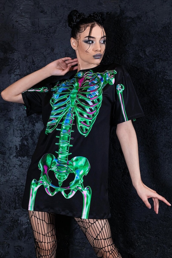 green skeleton dress Tshirt Dress, Sexy Halloween Outfit, Skeleton Graphic Tee, Halloween Couple Costume, Rave Outfit, Rave Tshirt for Women bone dress
