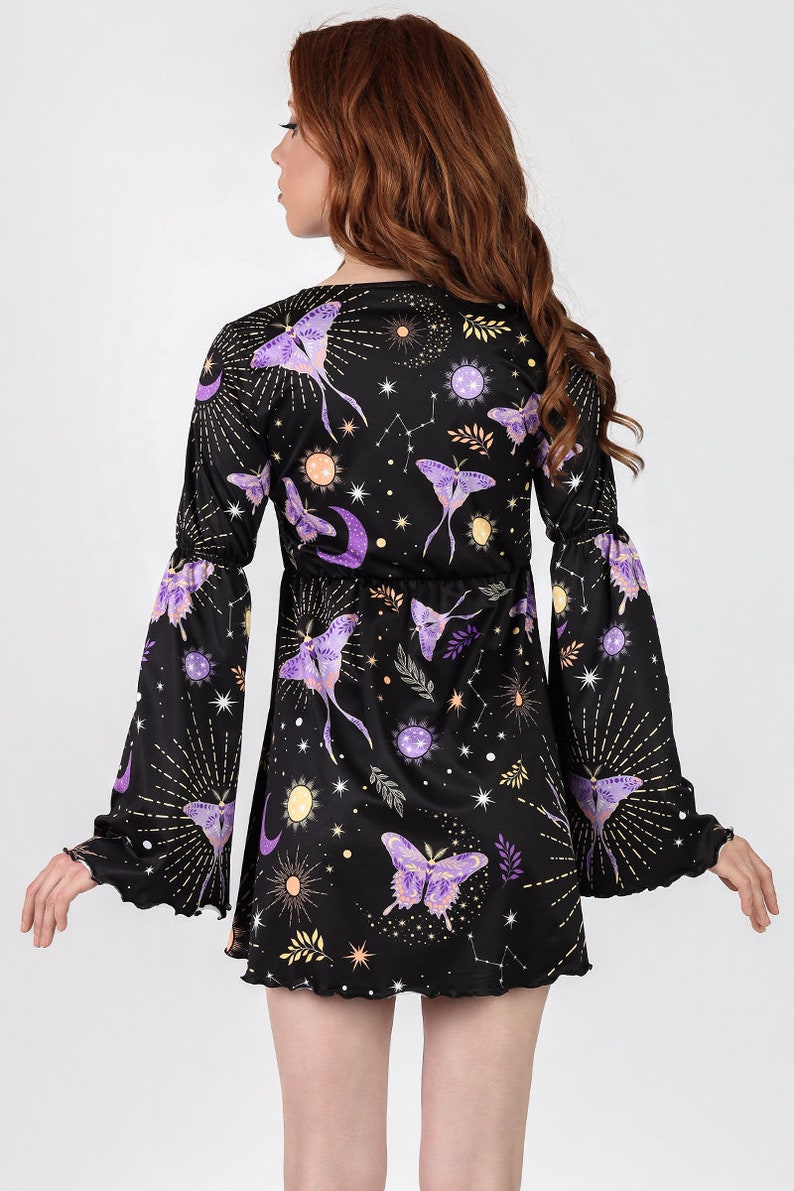 Black Butterfly Dress With Bell Sleeves Back View