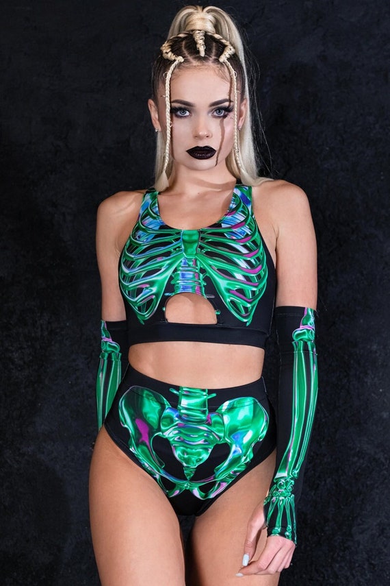 Green Skeleton Booty Shorts, Spandex High Waisted Shorts, Sexy