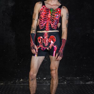 Red Skeleton Halloween High Waisted Shorts Set For Men Full View