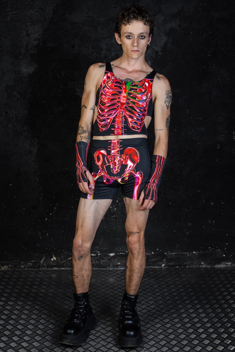 Red Skeleton Halloween High Waisted Shorts Set For Men Full View