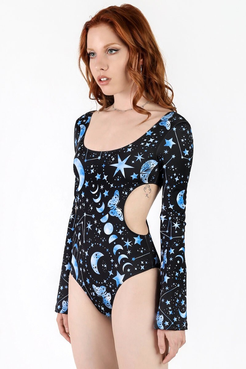 Celestial Bodysuit with Side Cut Out, long sleeve goth bodysuit, goth rave outfit, gothic clothing, witchy spandex bodysuit, festival outfit