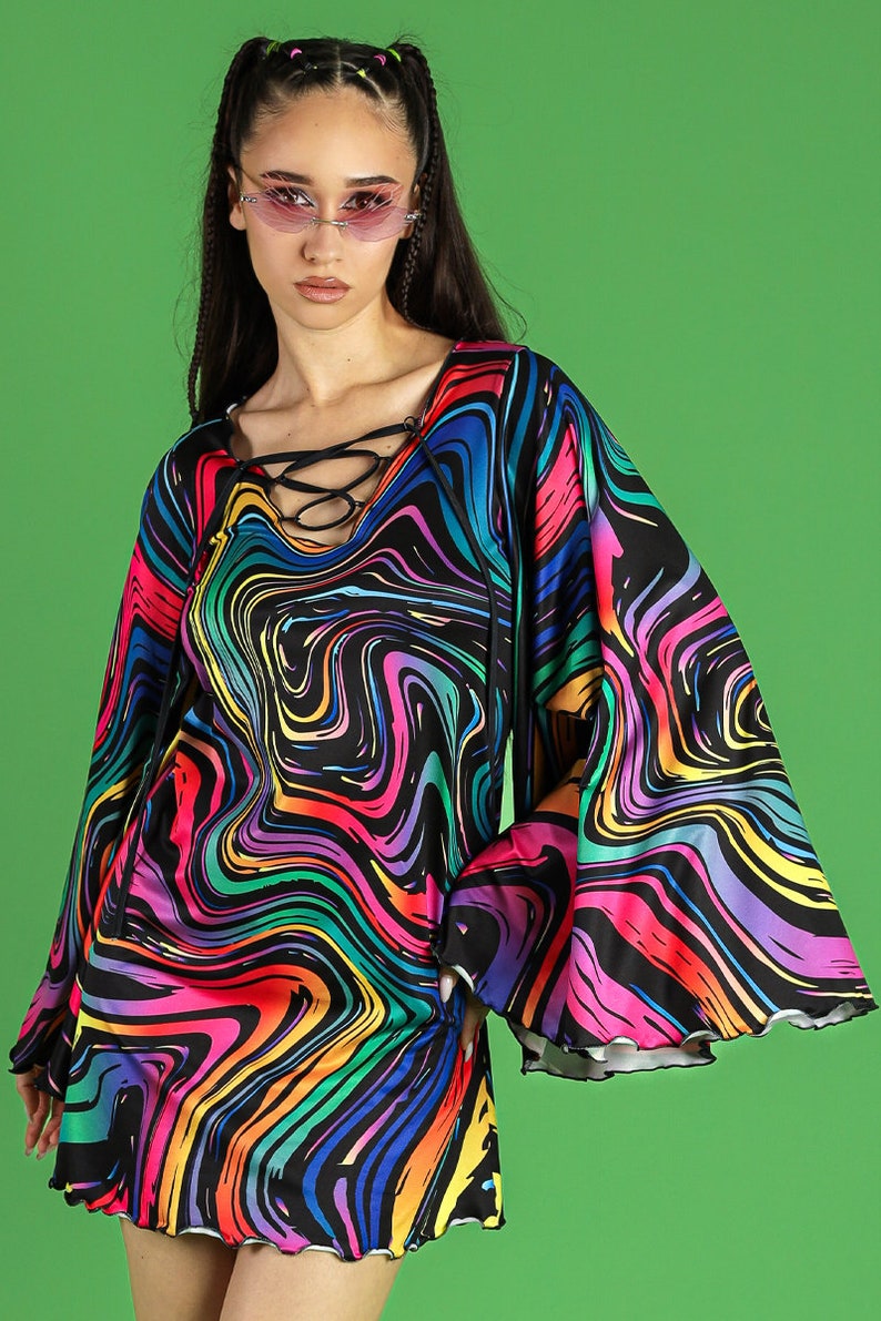 Rainbow Bell Sleeve Dress Close View
