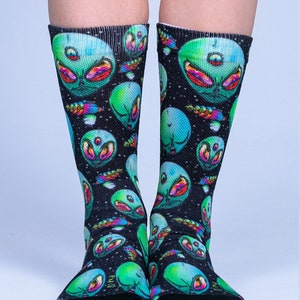 Green Alien Socks, Cool Socks, Men Crew Length Socks, Women Graphic Socks, Funky Socks, Art Socks, Comfy Socks, Skater Socks, Novelty Socks
