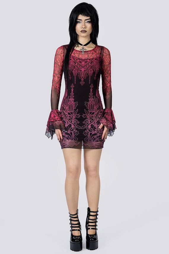 gothic bodycon dress Scarlet Darkness Morticia Addams Bat Sleeve Maxi high neck with lace detailing and an ankh in the lace Long Sleeved Floral Bodycon Mini
