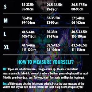 May include: Size chart for clothing with measurements in inches and centimeters. The chart includes sizes XS, S, M, L, and XL. The measurements are for bust, waist, and hip.