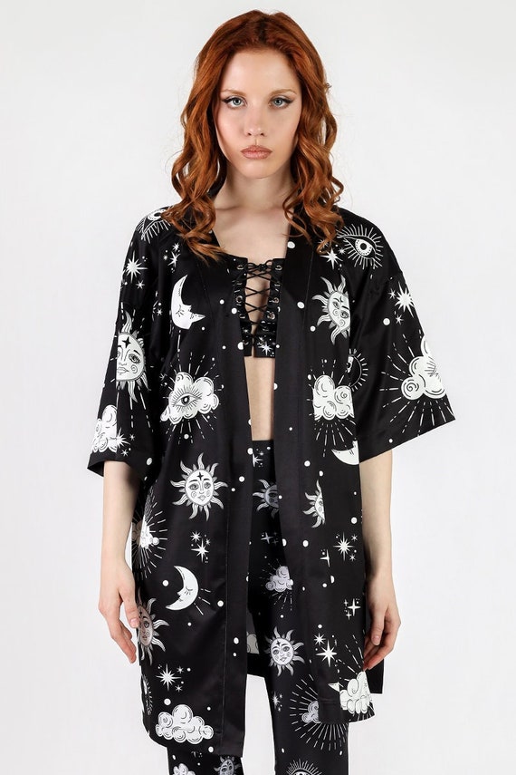 Black Sun & Moon Kimono, printed summer kimono, gothic kimono, gothic outfit, goth aesthetics clothing, casual kimono, alternative clothing