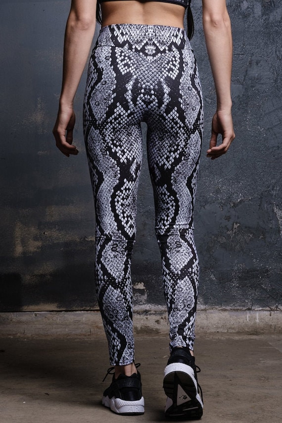 Snakeskin Print High Waisted Leggings for Women, Grey Snake