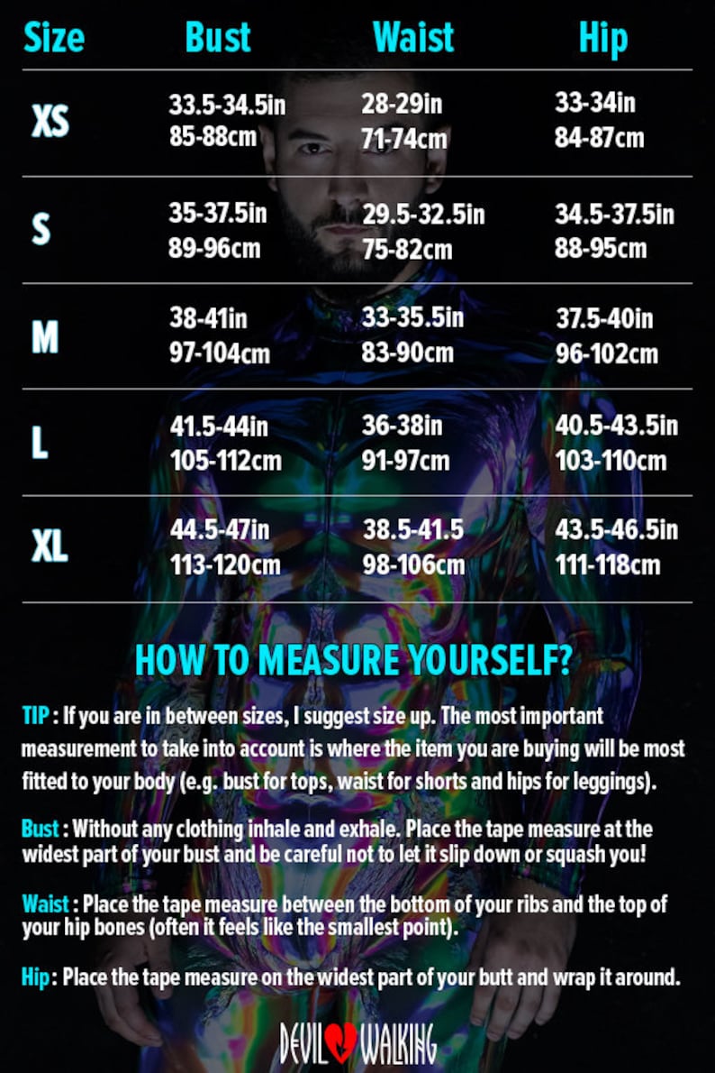 May include: Size chart for clothing with measurements in inches and centimeters. The chart includes sizes XS, S, M, L, and XL. The measurements are for bust, waist, and hip.