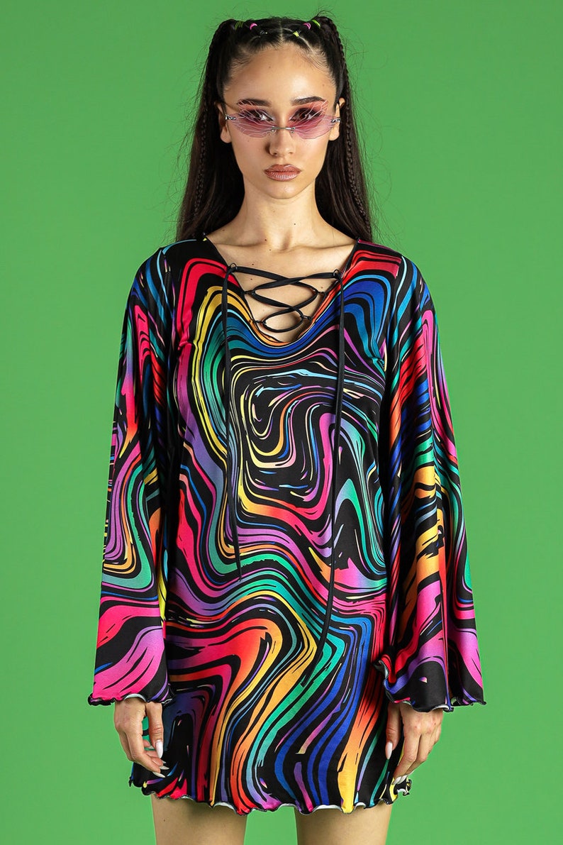 Rainbow Bell Sleeve Dress Front View